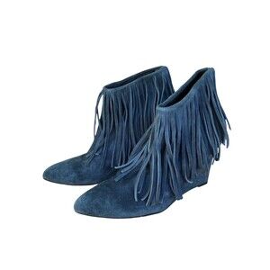New Elyse Walker Kalima Bootie Sz 40 Fringe Wedge Ankle Boots Suede Blue/green